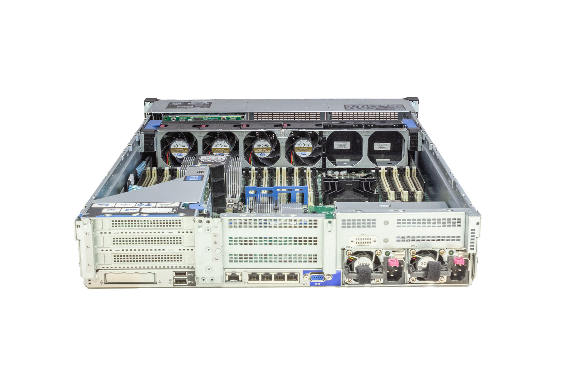 HPE ProLiant DL380 Gen10, 1x CPU, 8xSFF, 1x PCI-Cage, 2x500W Rack Server, Rückseite und geöffnet HPE ProLiant DL380 Gen10, 1x CPU, 8xSFF, 1x PCI-Cage, 2x500W Rack Server, Rückseite und geöffnet