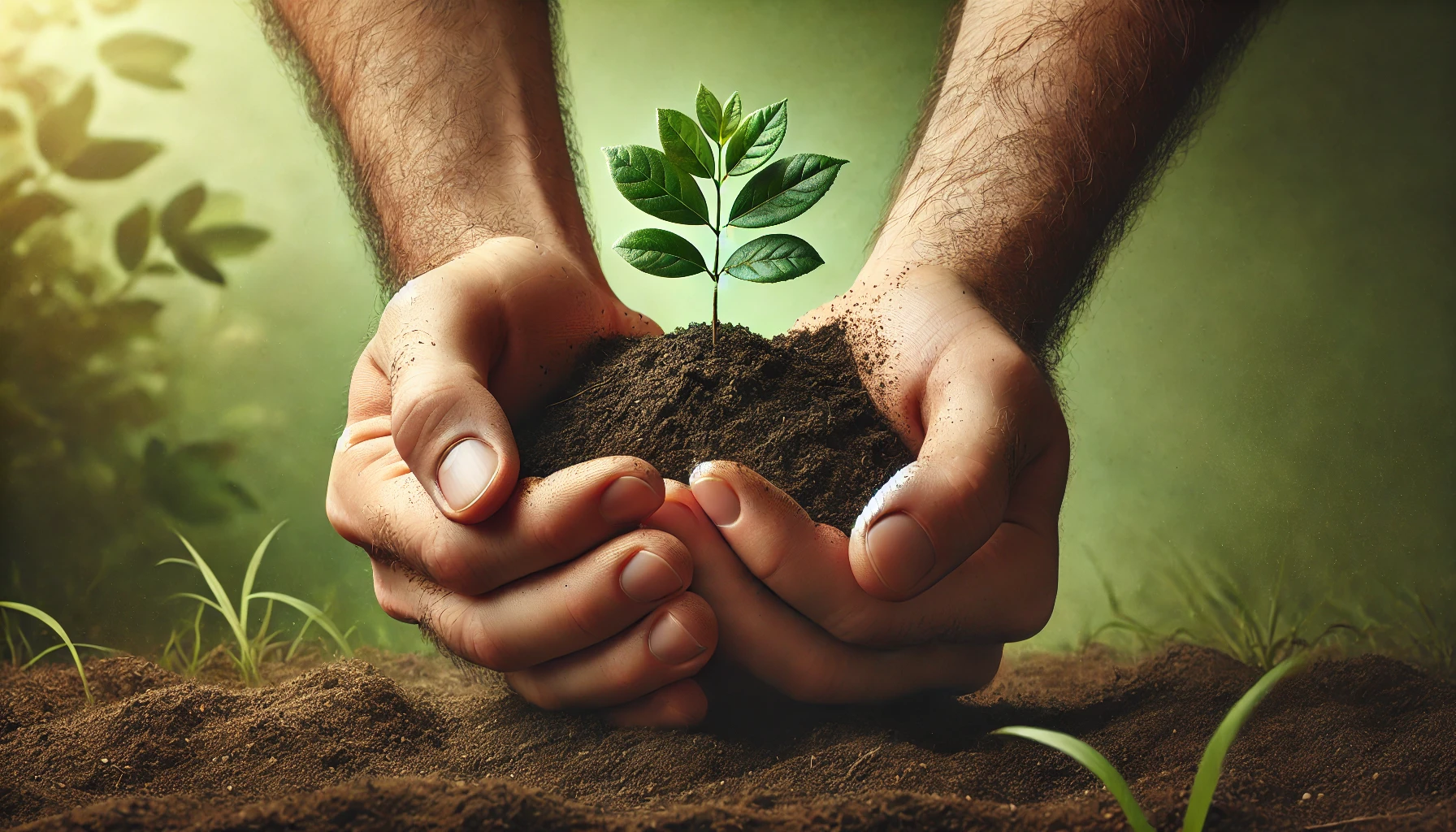 A highly realistic and symbolic image in a 2_1 aspect ratio, showing a pair of hands gently holding a small patch of soil with a single young tree gro A highly realistic and symbolic image in a 2_1 aspect ratio, showing a pair of hands gently holding a small patch of soil with a single young tree gro