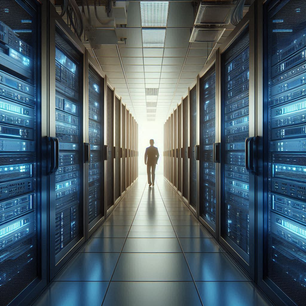 High-Tech-Serverraum Mann im futuristischen Serverraum – professionelle IT-Hardware für höchste Ansprüche.