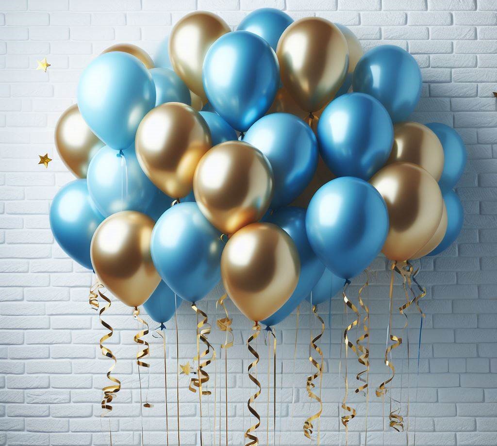 20 Jahre quattroM blaue und goldene Luftballons vor weißer Wand 20 Jahre quattroM blaue und goldene Luftballons vor weißer Wand