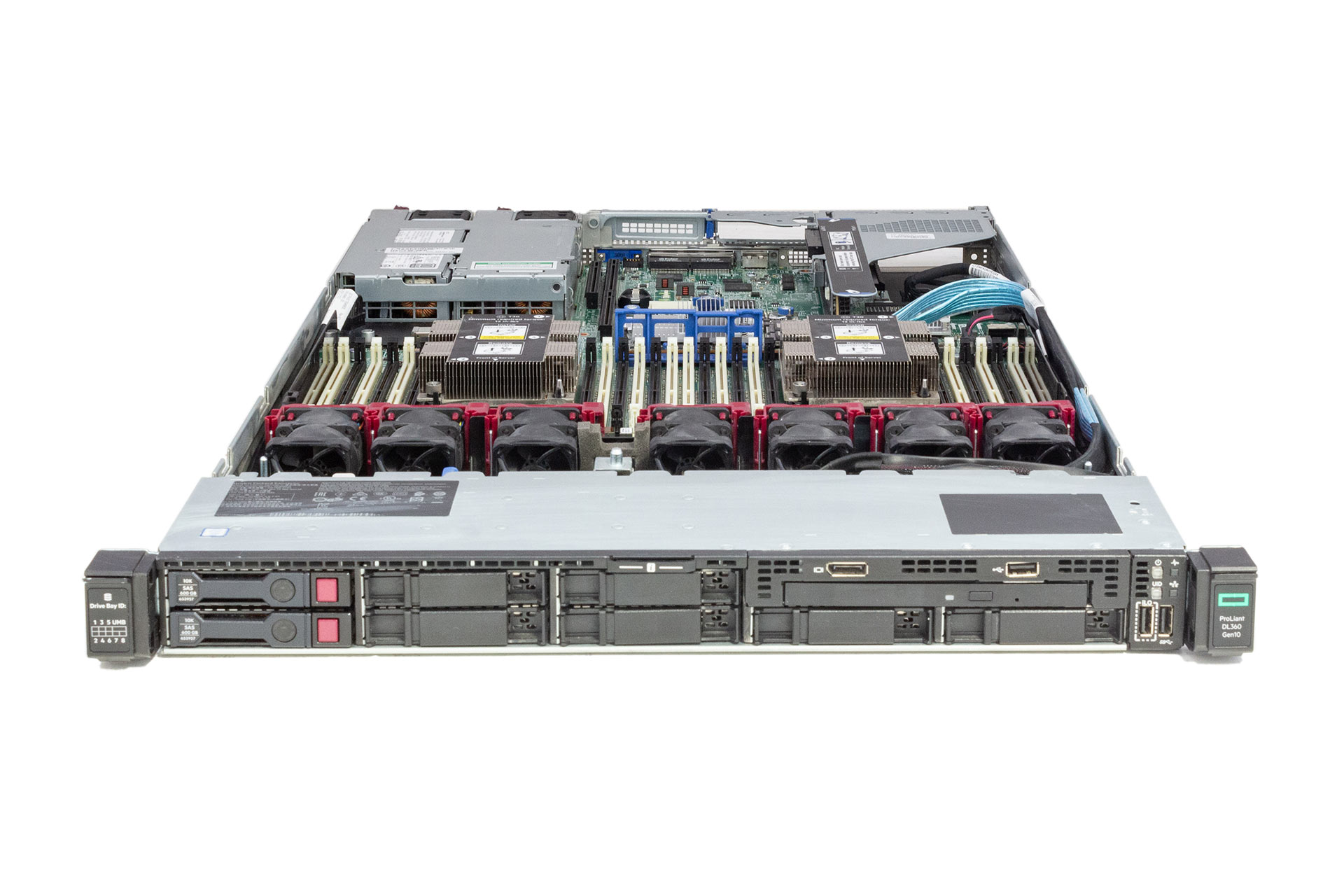 HPE-DL360-Gen10-2x-Gold-5115-2.40GHz-10-Core-64GB-RAM-2x500W-front-open