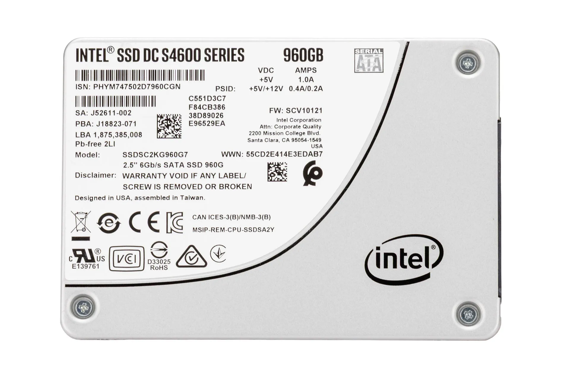Intel 960GB 6G SATA SSD, 2.5 Zoll SFF Festplatte für Server, DC-S4600 Series