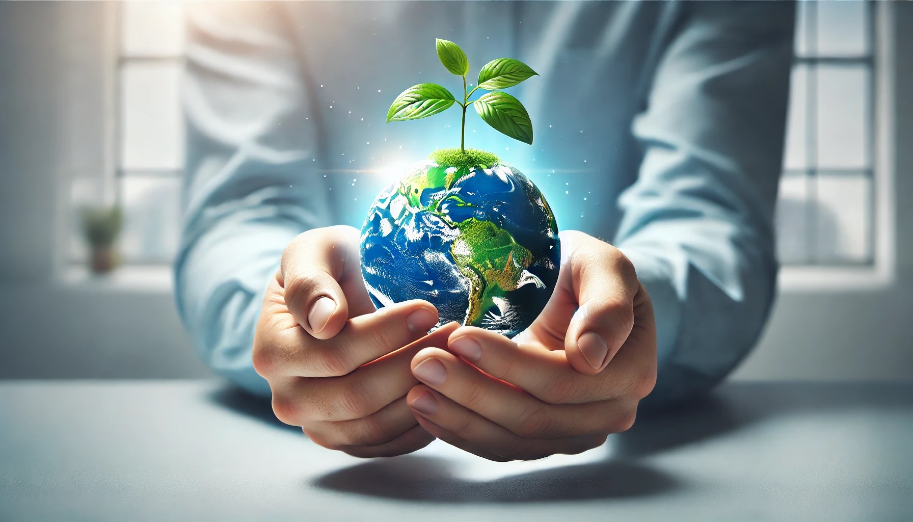 A highly realistic and symbolic image in a 2_1 aspect ratio, showing a pair of hands holding a small planet or globe with a single young plant growing A highly realistic and symbolic image in a 2_1 aspect ratio, showing a pair of hands holding a small planet or globe with a single young plant growing