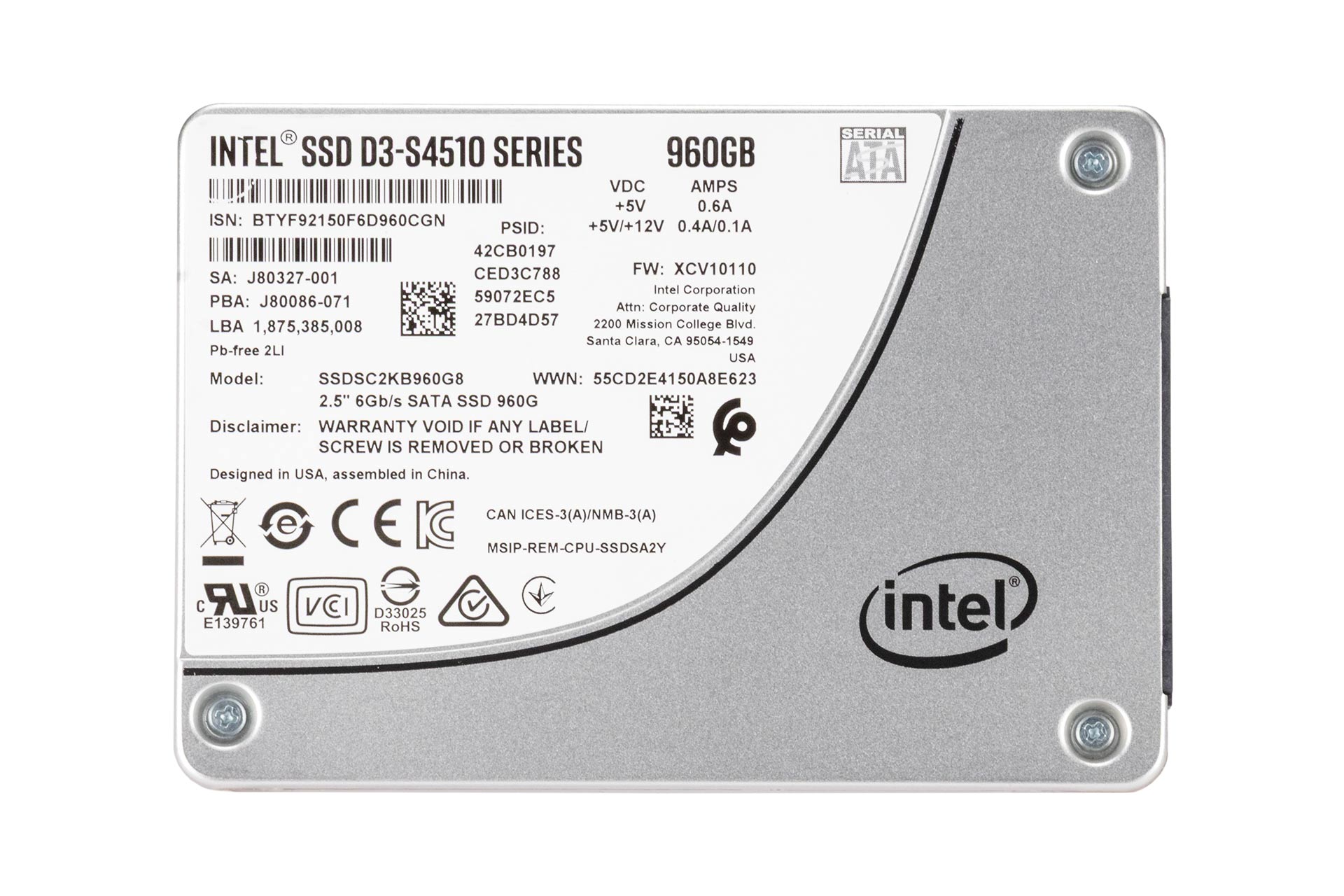 Intel 960GB 6G SATA SSD, 2.5 Zoll SFF Festplatte für Server, D3-S4510 Series