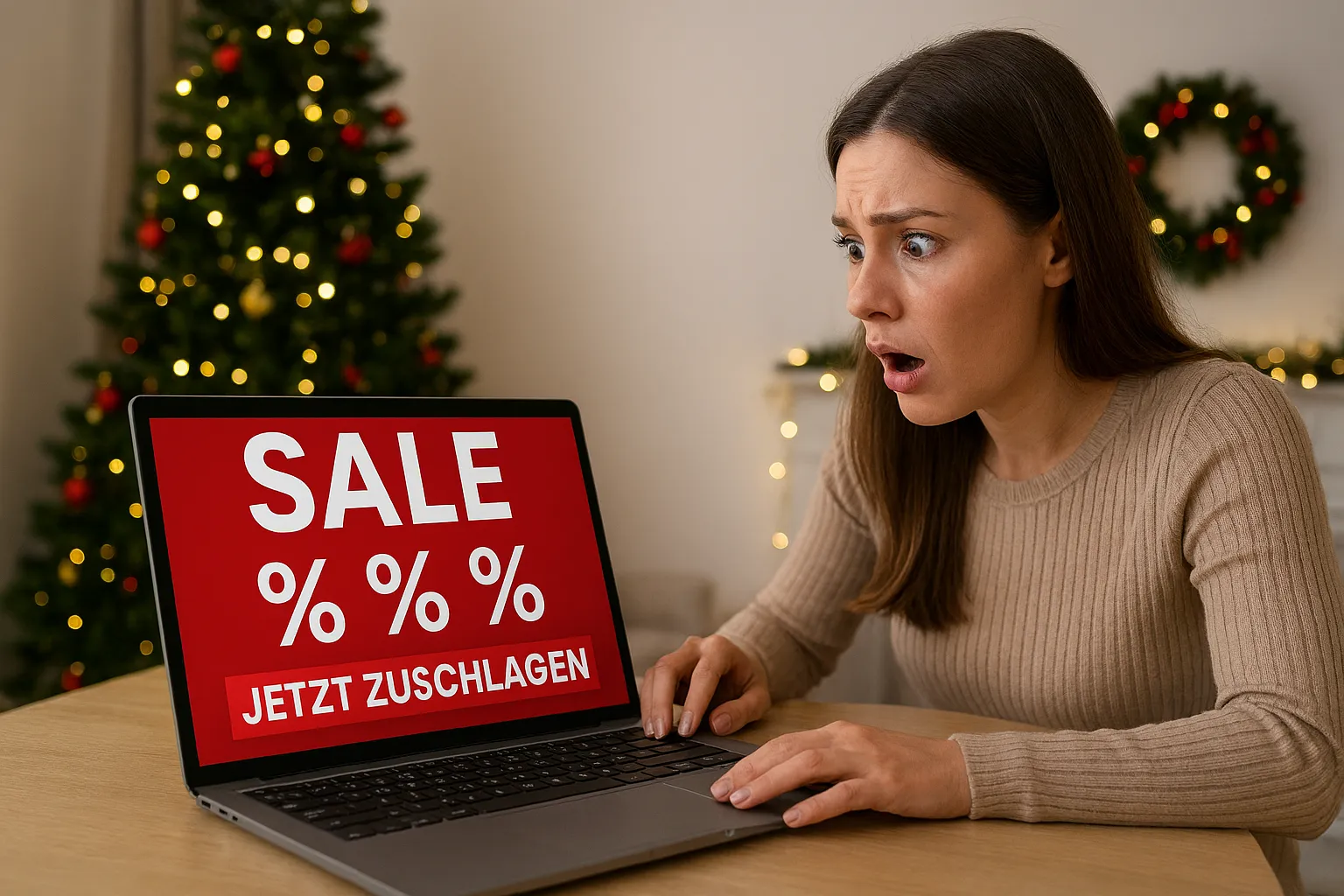 Eine Frau sitzt vor einem Laptop und schaut überrascht auf einen Bildschirm mit rotem „SALE – Jetzt zuschlagen“-Hinweis; im Hintergrund steht ein weihnachtlich geschmückter Baum.