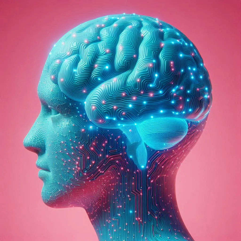 Futuristisches Gehirn mit leuchtenden Schaltkreisen auf rosa Hintergrund – symbolisiert modernes Datenmanagement und künstliche Intelligenz.