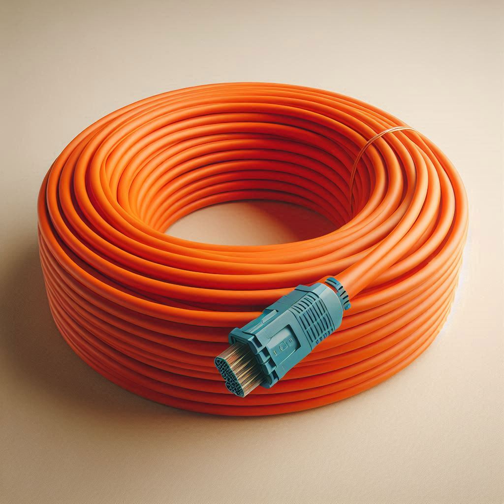 Ein orangefarbenes Kabel, das zusammengerollt ist und einen FibreChannel Anschluss hat