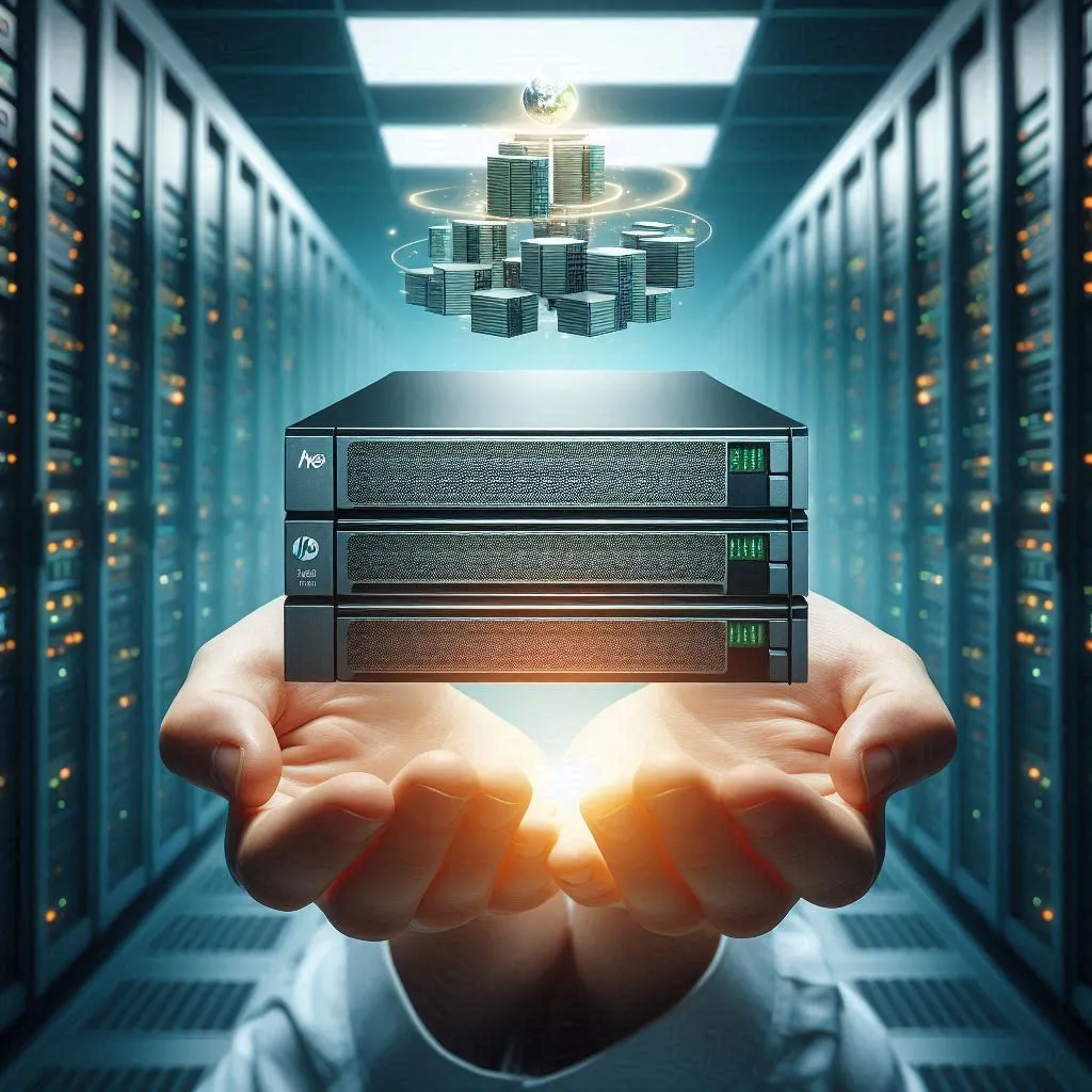 Server-Technologie im Fokus Leuchtende Server in Händen, symbolisieren moderne IT-Infrastruktur und Speicherkapazität.
