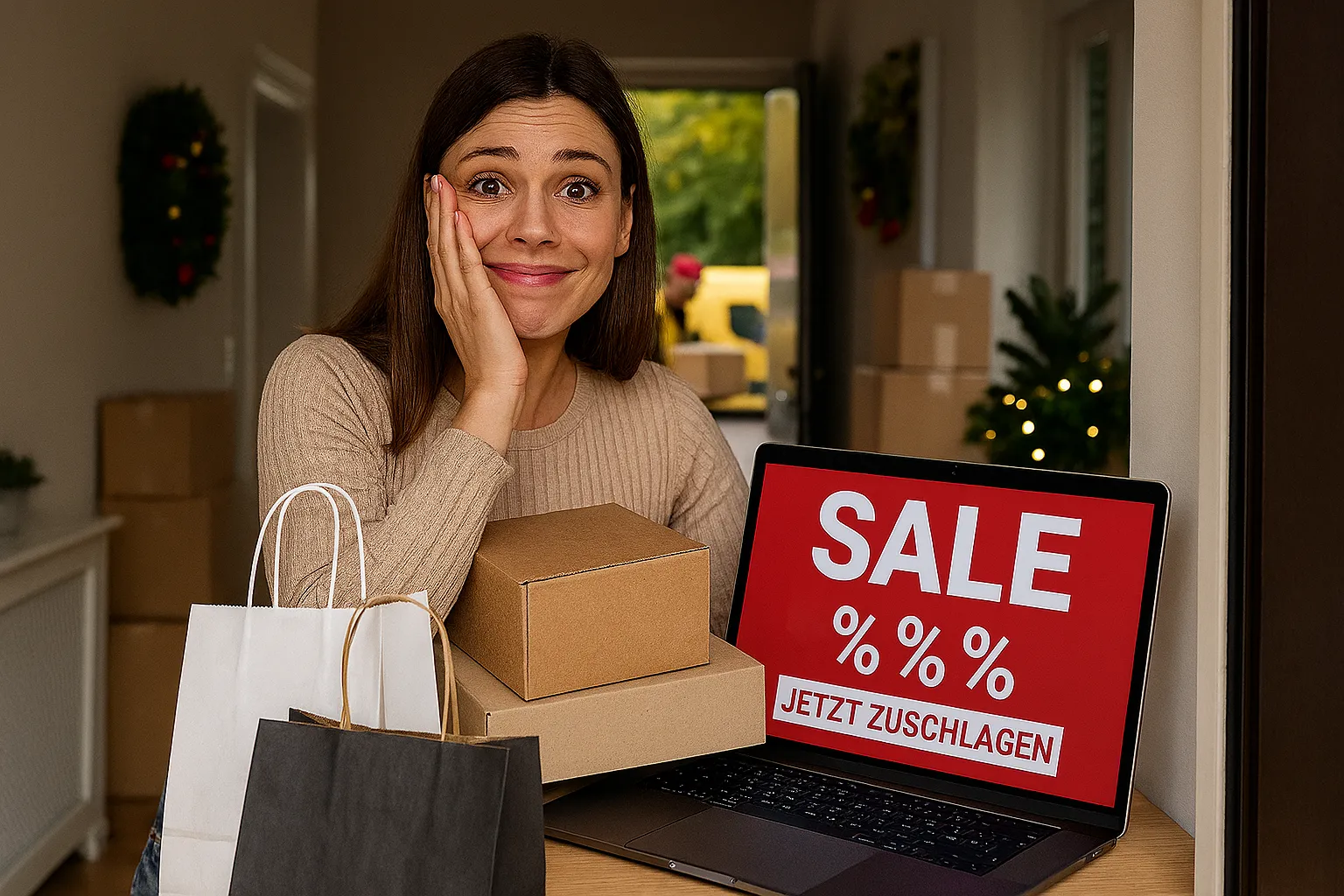 Eine Frau steht mit mehreren Paketen und Einkaufstaschen neben einem Laptop mit „SALE – Jetzt zuschlagen“-Anzeige; im Hintergrund liefert ein Kurier weitere Kartons an.