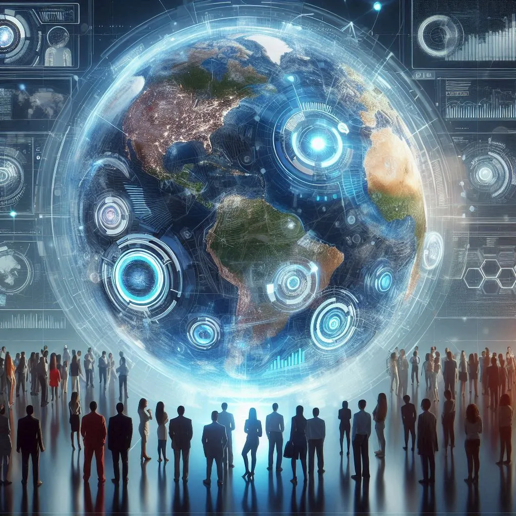 Eine Weltkugel, die mit Technik vollgestellt ist, die News aus der Technikwelt darstellt Eine Weltkugel, die mit Technik vollgestellt ist, die News aus der Technikwelt darstellt