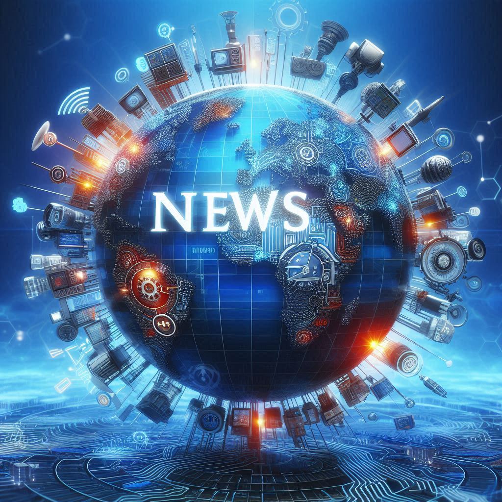 Eine Weltkugel, die mit Technik vollgestellt ist, mit dem Wort NEWS über die Hälfte der Erdkugel Eine Weltkugel, die mit Technik vollgestellt ist, mit dem Wort NEWS über die Hälfte der Erdkugel
