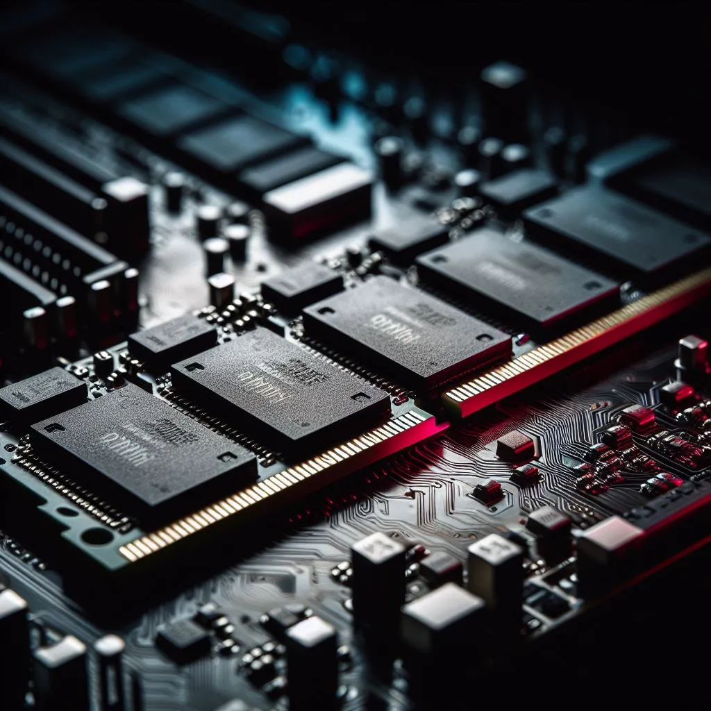 Detailaufnahme einer Hauptplatine Makroaufnahme einer Hauptplatine mit Speicherbausteinen und Schaltkreisen – leistungsstarke Hardware für Server und PCs.