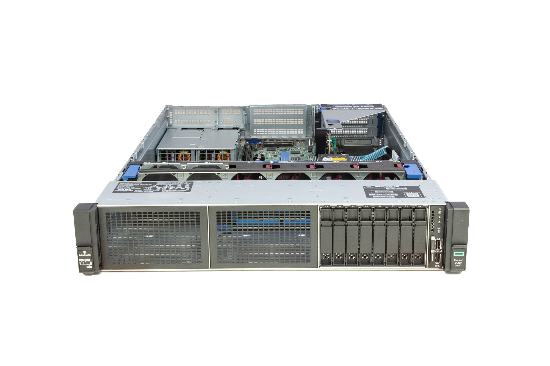 HPE ProLiant DL380 Gen10, 1x CPU, 8xSFF, 1x PCI-Cage, 2x500W Rack Server, Front und geöffnet HPE ProLiant DL380 Gen10, 1x CPU, 8xSFF, 1x PCI-Cage, 2x500W Rack Server, Front und geöffnet