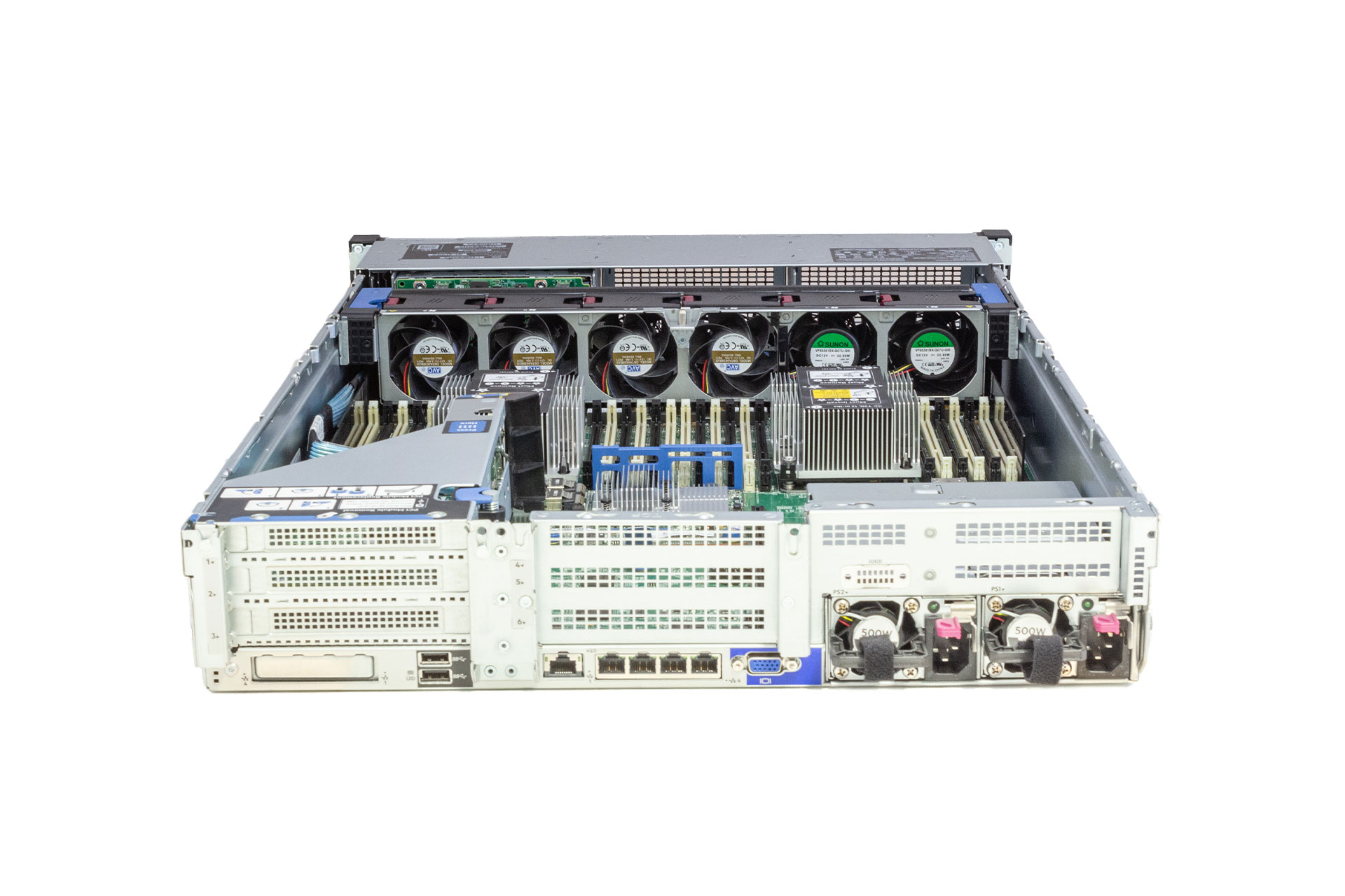 HPE ProLiant DL380 Gen10 Rack Server 2x Xeon Gold 6126 2.60GHz 12-Core 32GB RAM, 8xSFF 1x PCI-Cage, 2x 500 Watt, Rückseite und geöffnet HPE ProLiant DL380 Gen10 Rack Server 2x Xeon Gold 6126, 32GB RAM, 8xSFF 1x PCI-Cage, 2x 500 Watt, Rückseite