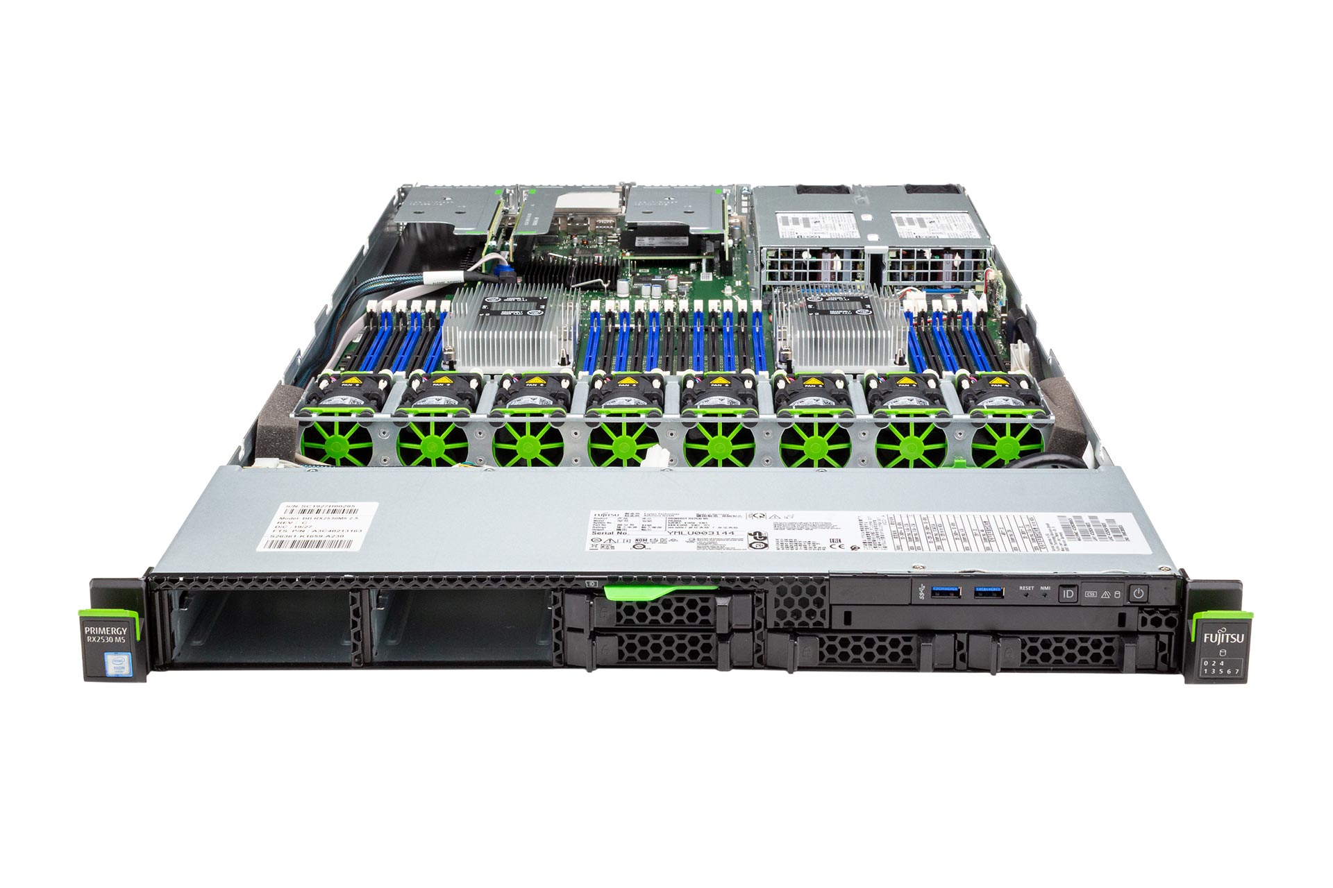 FUJITSU Primergy RX2530 M5 Rack Server, 2x Silver 4214 2.20GHz, 12-Core, noRAM, 4xSFF, noRaid, 2x Heatsink
