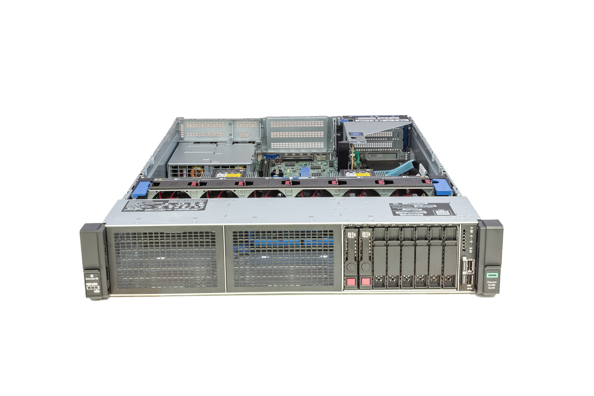 HPE ProLiant DL380 Gen10 Rack Server 2x Xeon Gold 6126, 32GB RAM, 8xSFF 1x PCI-Cage, 2x 500 Watt, Frontseite und geöffnet HPE ProLiant DL380 Gen10 Rack Server 2x Xeon Gold 6126, 32GB RAM, 8xSFF 1x PCI-Cage, 2x 500 Watt, Frontseite und geöffnet