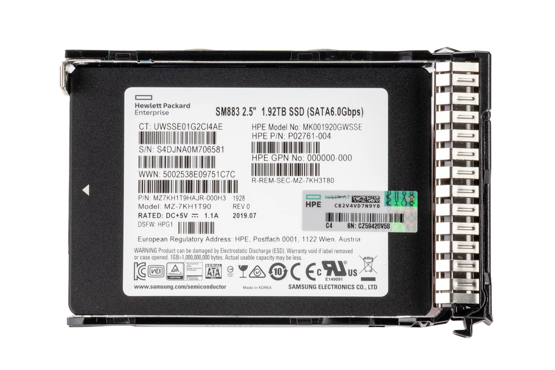 HPE 1.92TB 6G SATA SSD, 2.5 Zoll SFF Festplatte für Server, MU DS SC