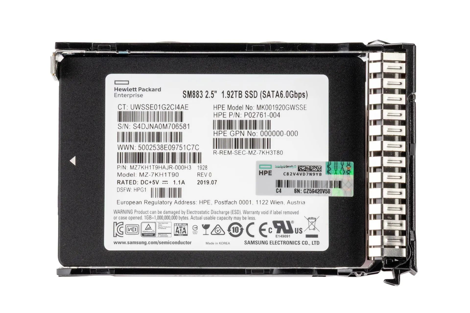 HPE 1.92TB 6G SATA SSD, 2.5 Zoll SFF Festplatte für Server, MU DS SC