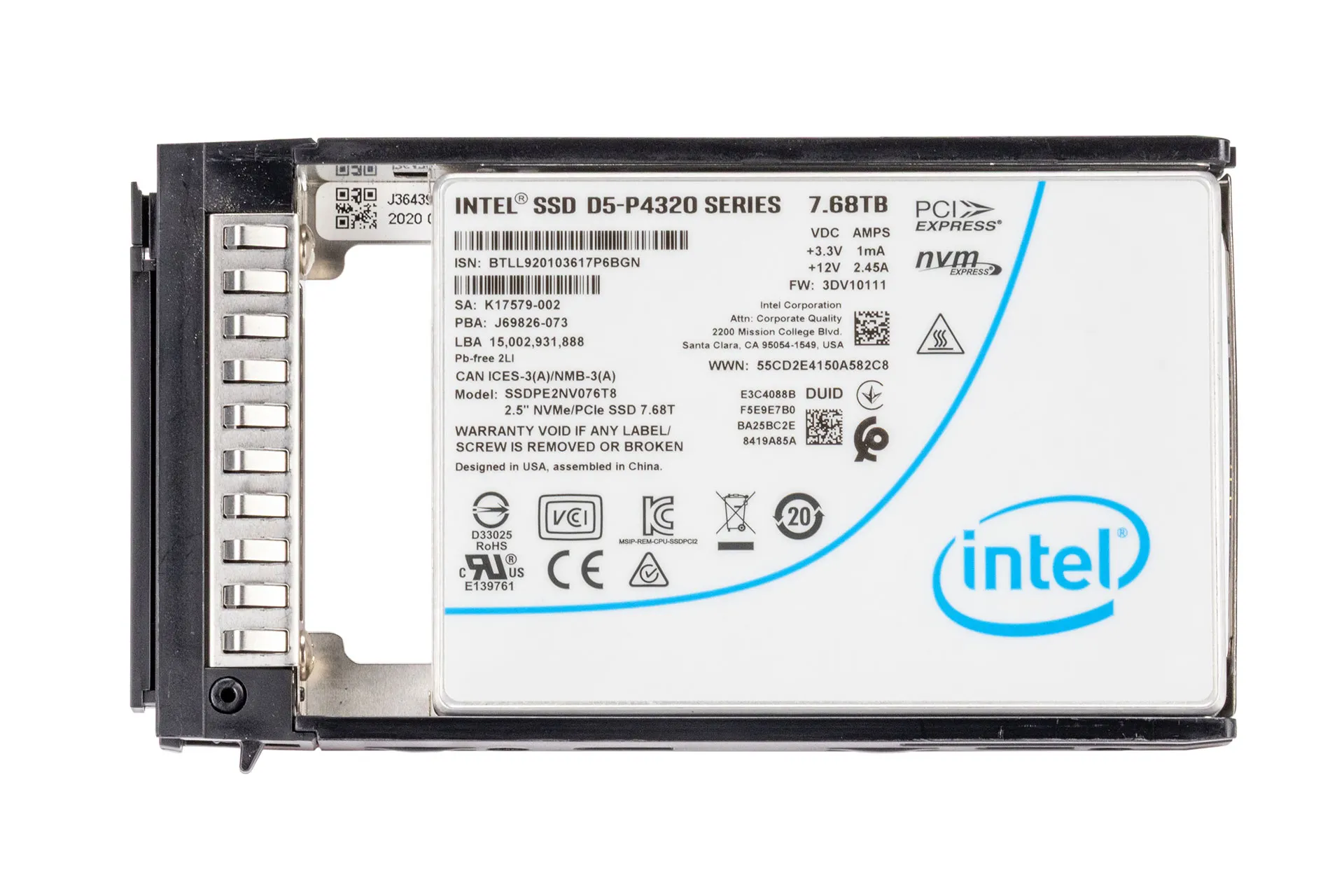 Intel 7.68TB PCIe 3.1 U2 NVMe SSD, 2.5 Zoll SFF Festplatte für Server, D5-P4320 Series, inkl. Intel Rahmen Intel 7.68TB PCIe 3.1 U2 NVMe SSD, 2.5 Zoll SFF Festplatte für Server, D5-P4320 Series, inkl. Intel Rahmen