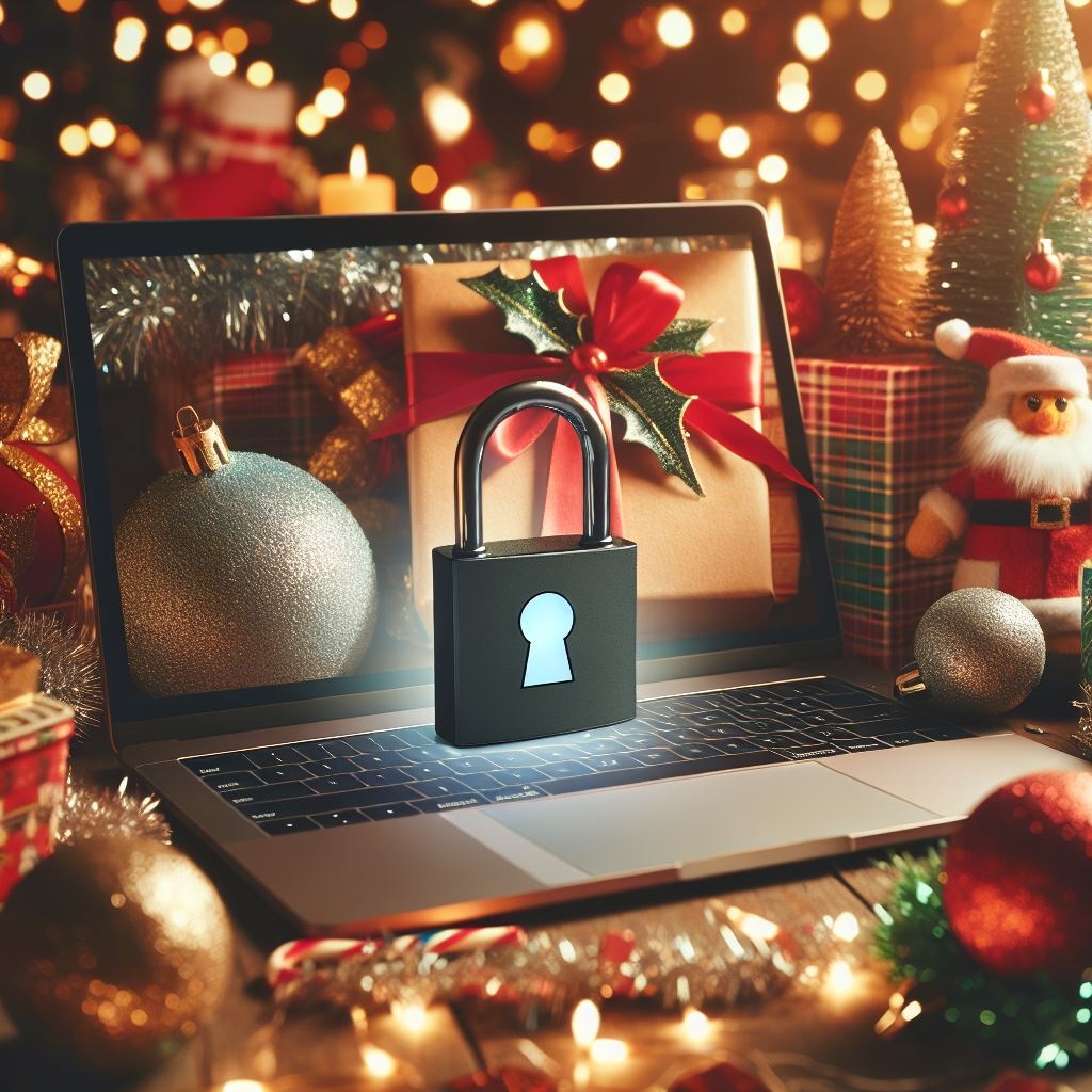 Laptop mit Vorhängeschloss, umgeben von Weihnachtskugeln und Geschenken – symbolisiert sichere IT-Lösungen zur Weihnachtszeit..