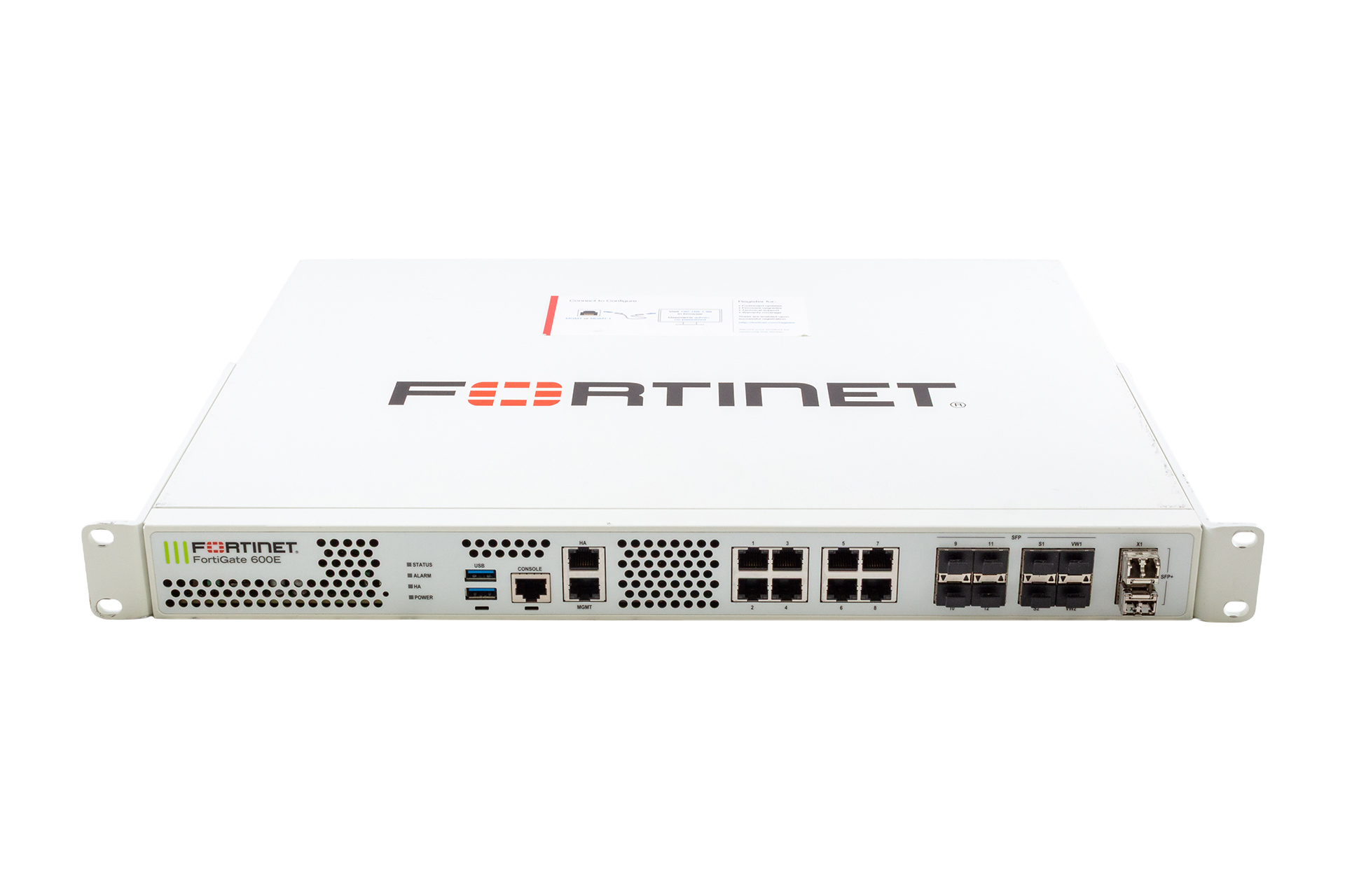 Fortinet Fortigate 600E Sec. Appl, 10x 1GbE RJ45, 8x 1GbE SFP, 2x 10GbE SFP+, ohne Lizenz FG-600E front