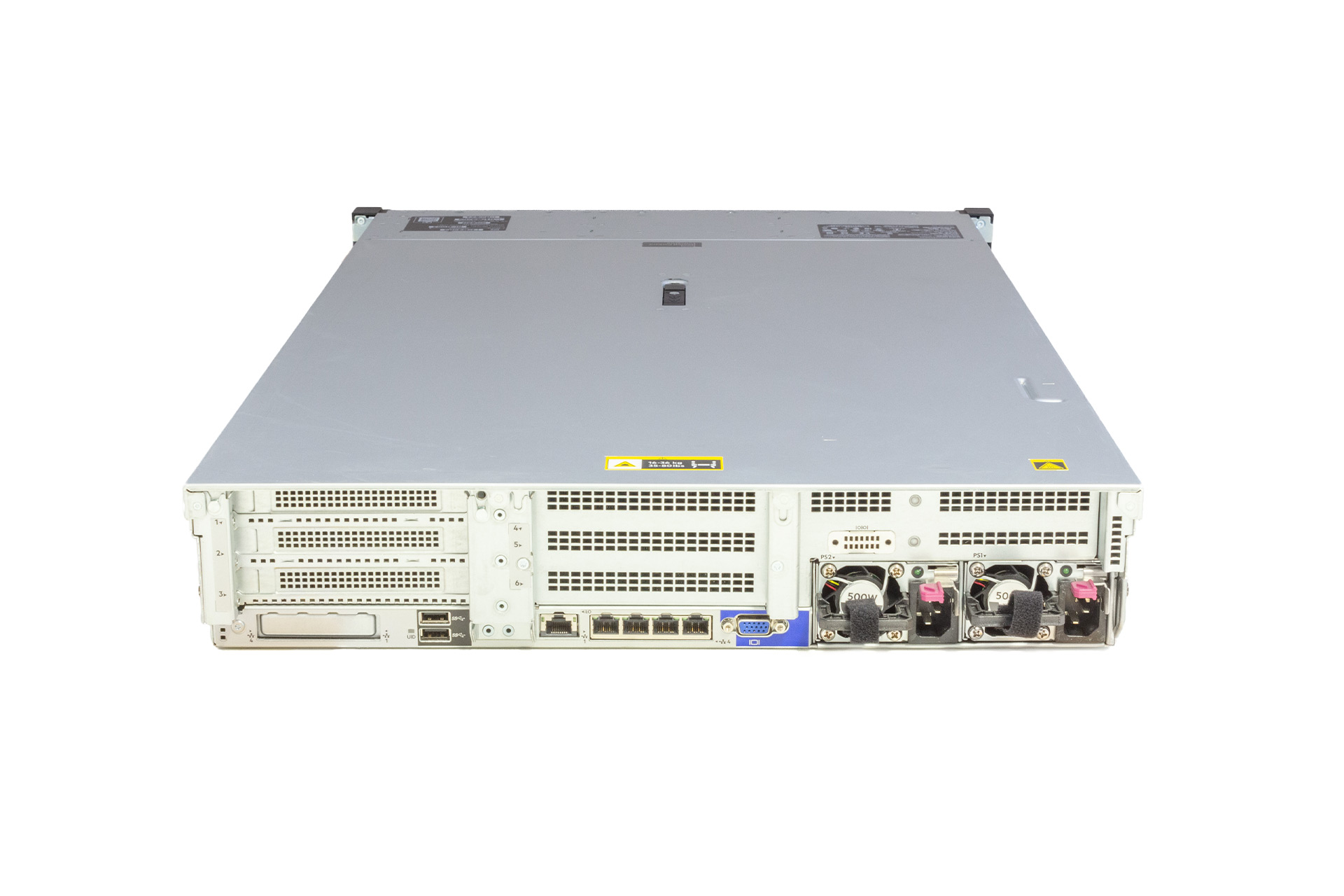 HPE ProLiant DL380 Gen10 Rack Server 2x Xeon Gold 6126, 32GB RAM, 8xSFF 1x PCI-Cage, 2x 500 Watt, Rückseite HPE ProLiant DL380 Gen10 Rack Server 2x Xeon Gold 6126, 32GB RAM, 8xSFF 1x PCI-Cage, 2x 500 Watt, Rückseite